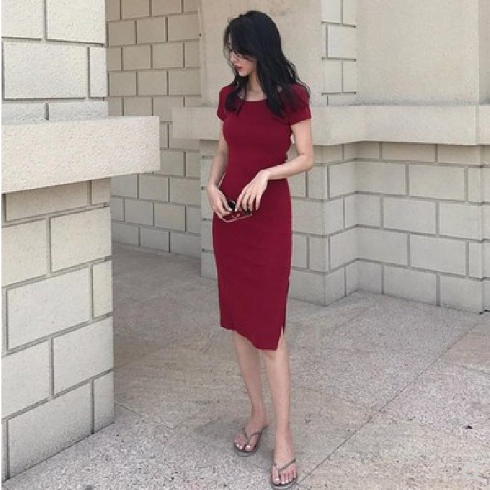Wine Round Neck Side Dlit Midi Dress