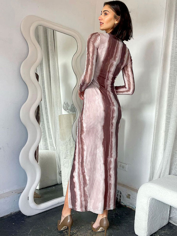 Brown High Slit Slim Fit Dress