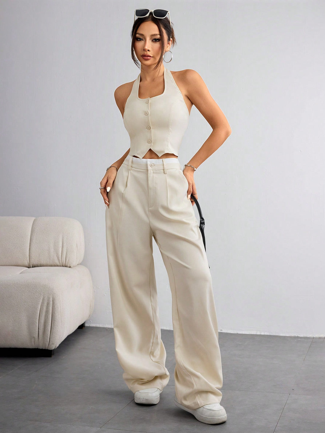 Off White Halter Neck Fitted Vest