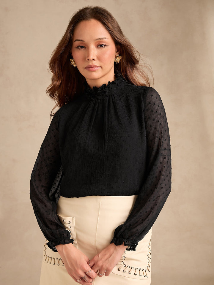 Black Textured Dobby Blouse With Floral Applique At Neck