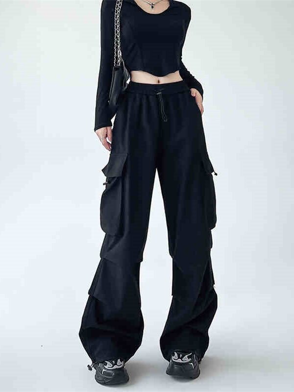 Black Parachute Pants with Pockets