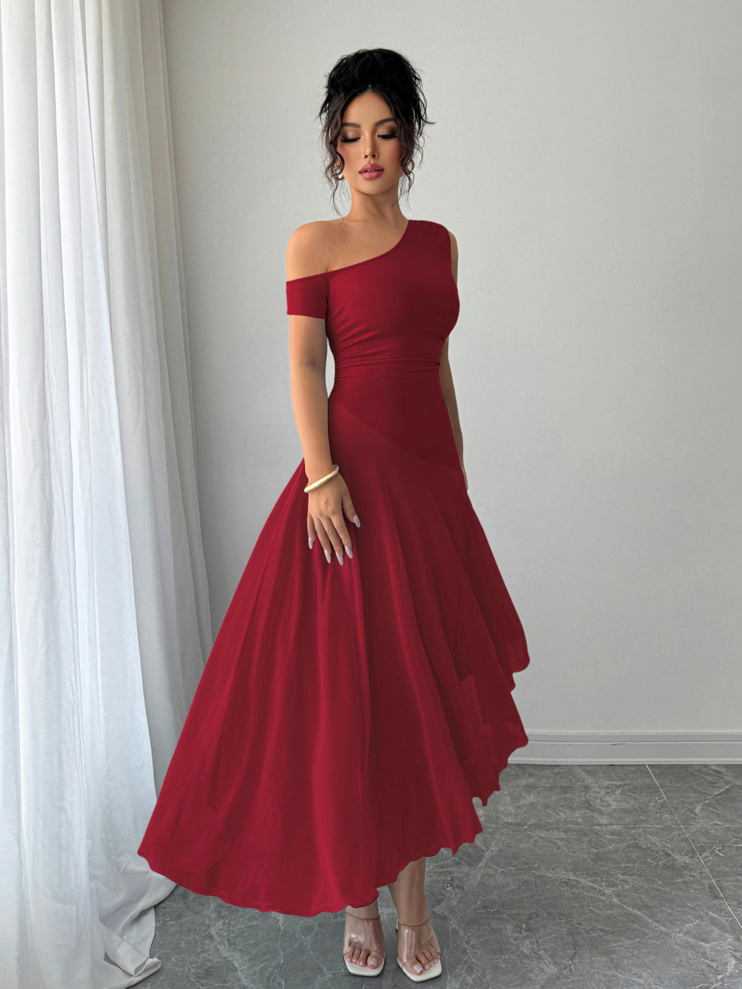 Red  One Shoulder Sleeveless Pleated Dress