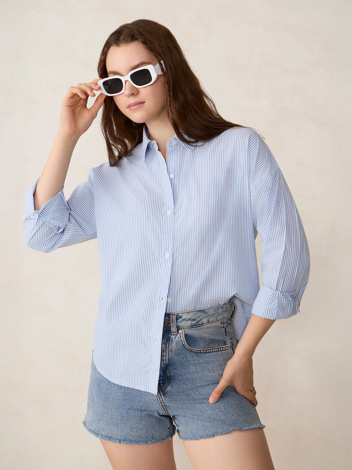 White Oversized Drop Shoulder Stripe Shirt