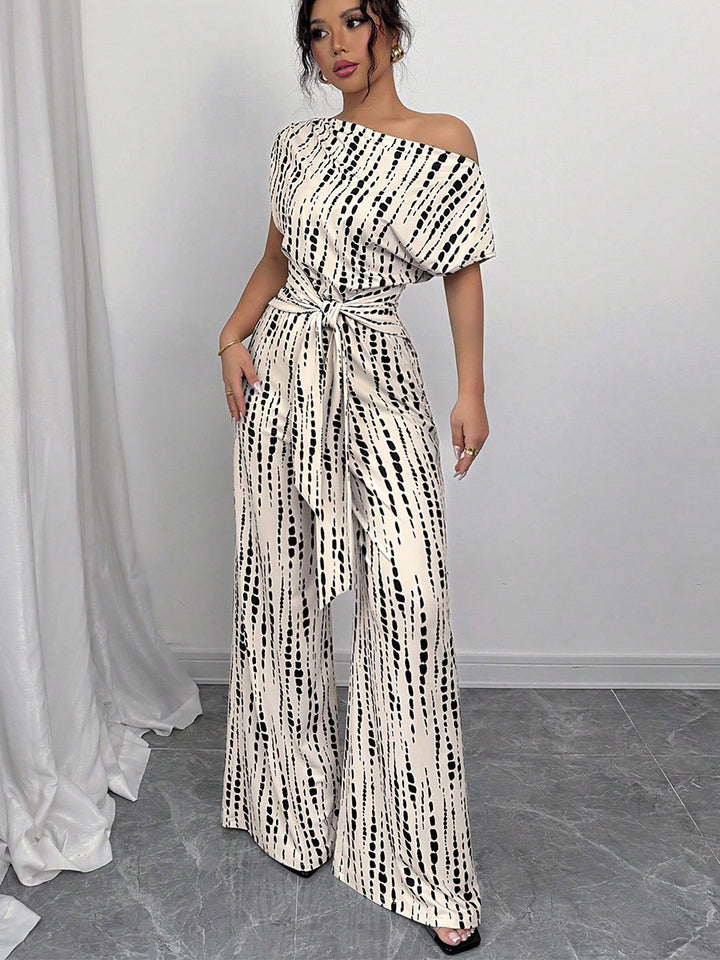 Cream Printed Tie Up Jumpsuit