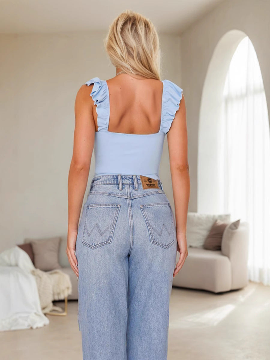 Light Blue Flare Sleeve Front Twisted Top