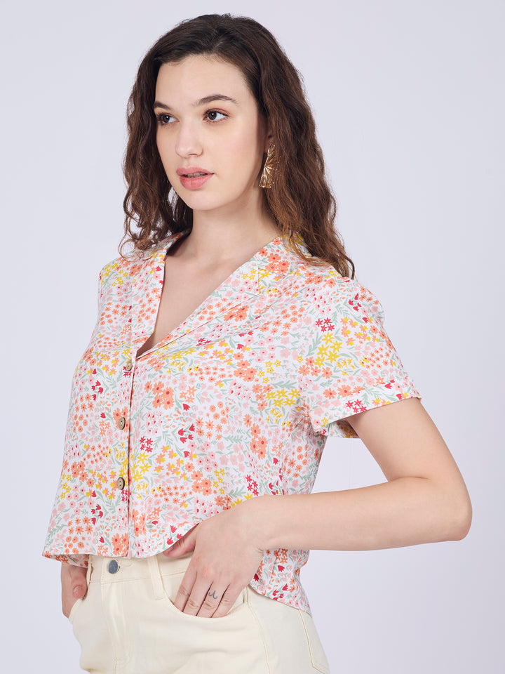 White Notch Collar Cropped Shirt