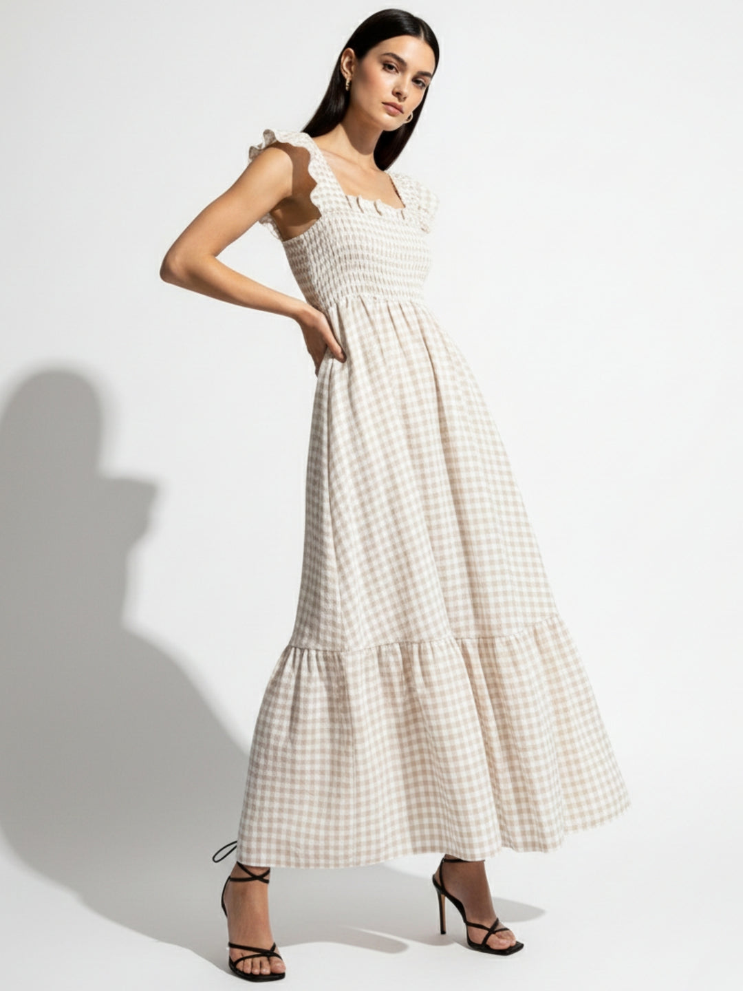 Beige Flutter Sleeved Checkered Dress