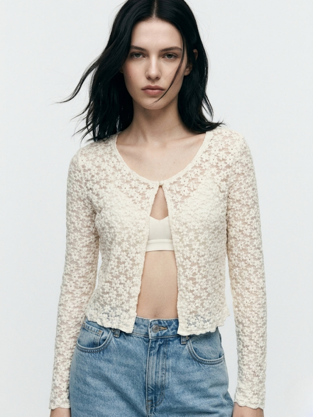 Cream Front Open Cardigan Styled Top