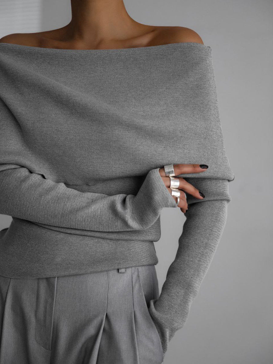 Grey Off-Shoulder Solid Sweater
