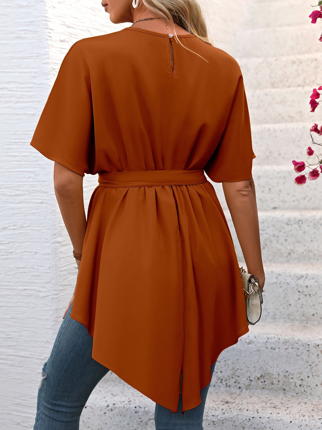 Orange Waist Cinched Asymmetrical Hem Top