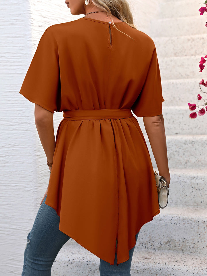 Orange Waist Cinched Asymmetrical Hem Top