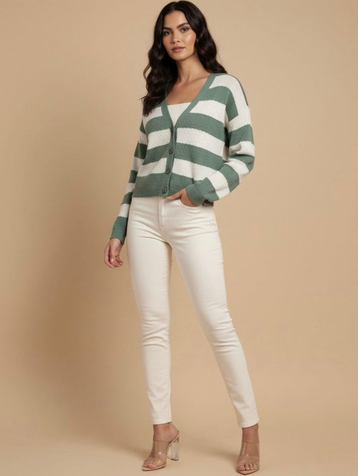 Green Striped Boxy Cardigan