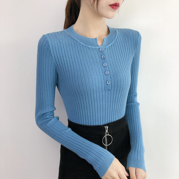 Blue Full Sleeve Crew Neck Buttoned Top