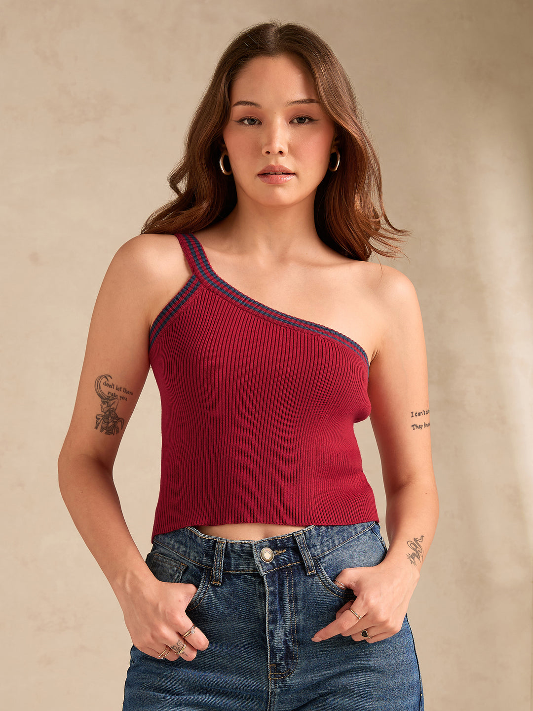 Red One Shoulder Flat Knit Tank