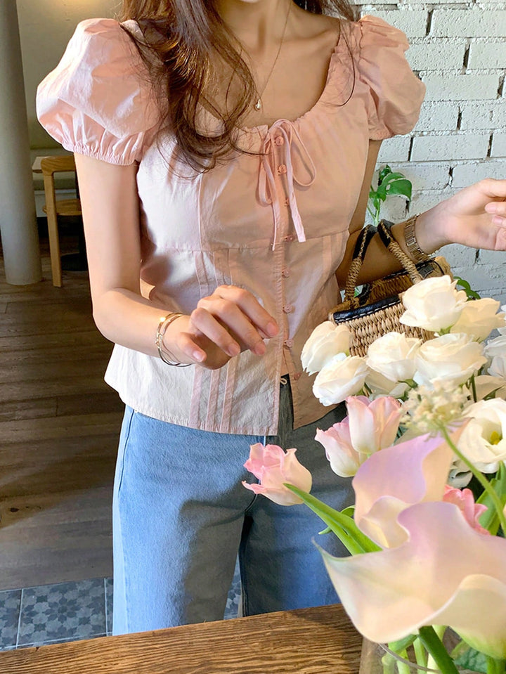 Pink Puff Sleeve Front Tie Up Top