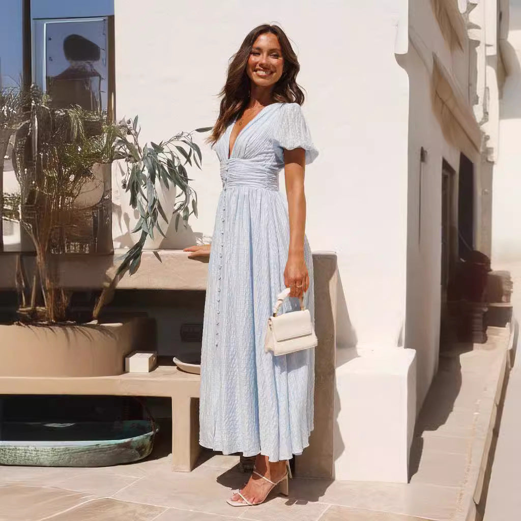 Blue Plunge Neck Cinched Waist Dress