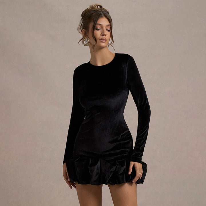 Black Velour Ruffled Hem Dress