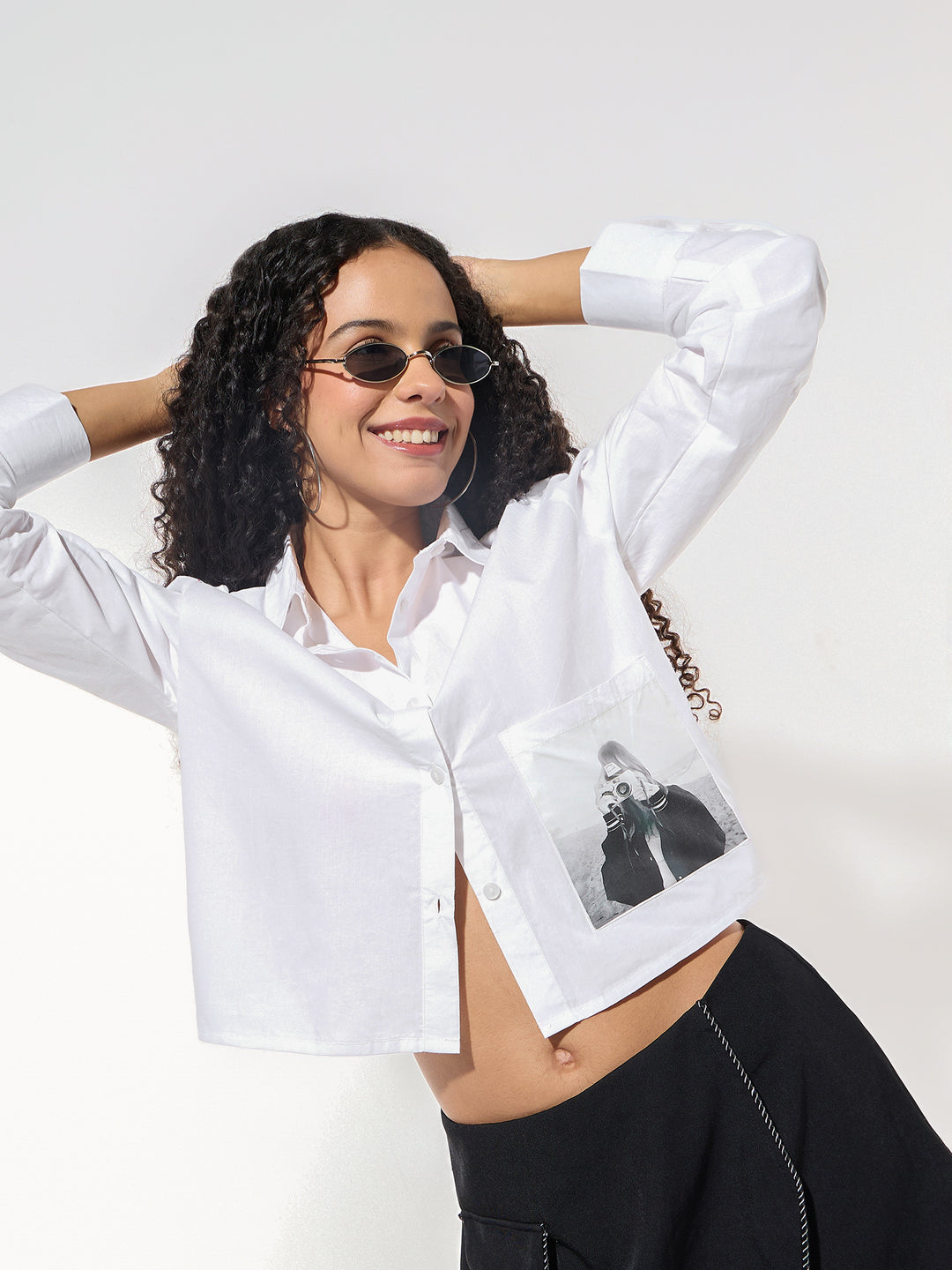 White Cropped Printed Shirt