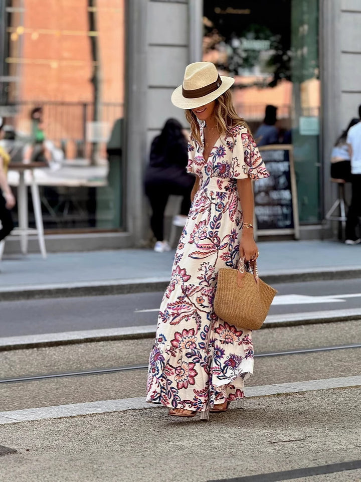 Multi Short Sleeve V-Neck Printed Dress