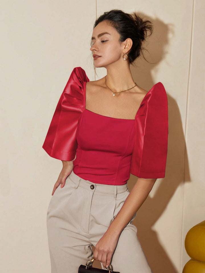 Red Puff Sleeve Square Neck Top