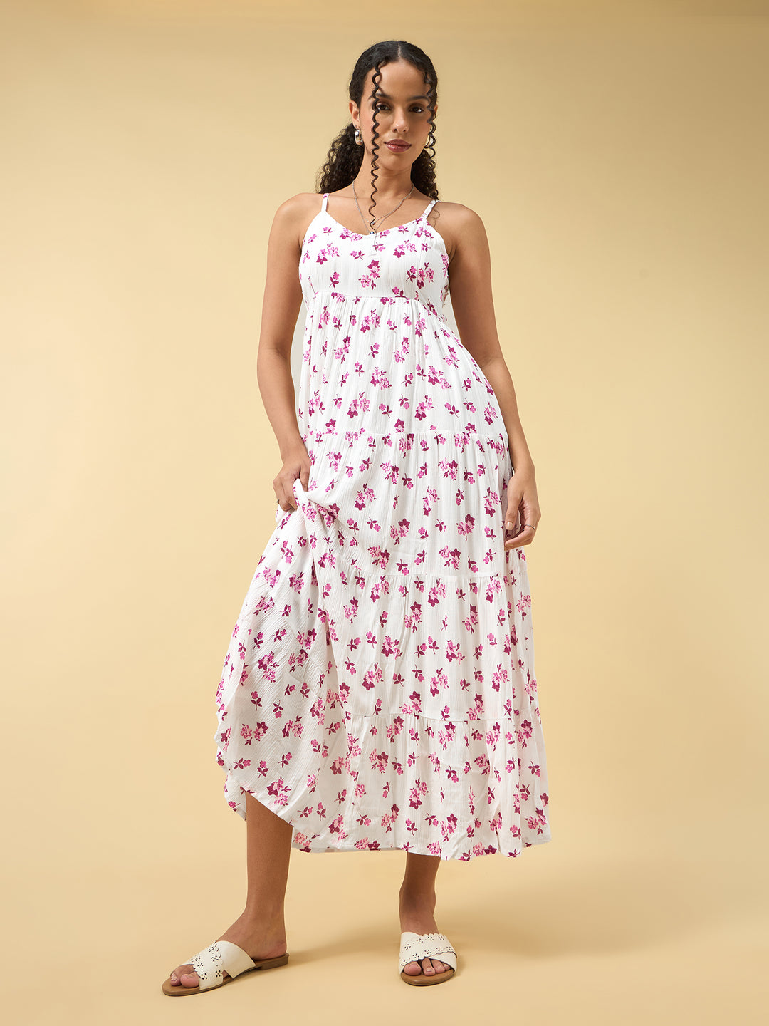 Pink A-Line Tiered Dress With Tie Up Detail At The Back