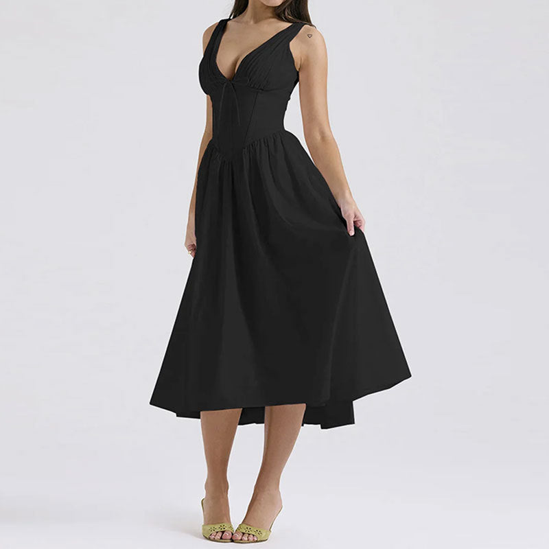 Black V Neck Corset Flared Dress