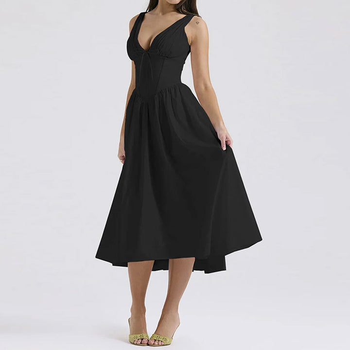 Black V Neck Corset Flared Dress
