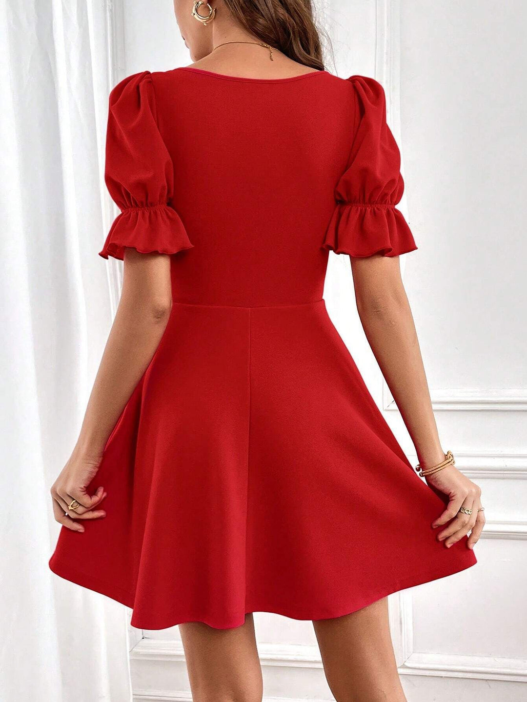 Red Puff Sleeved Skater Dress