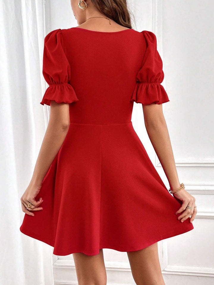 Red Puff Sleeved Skater Dress