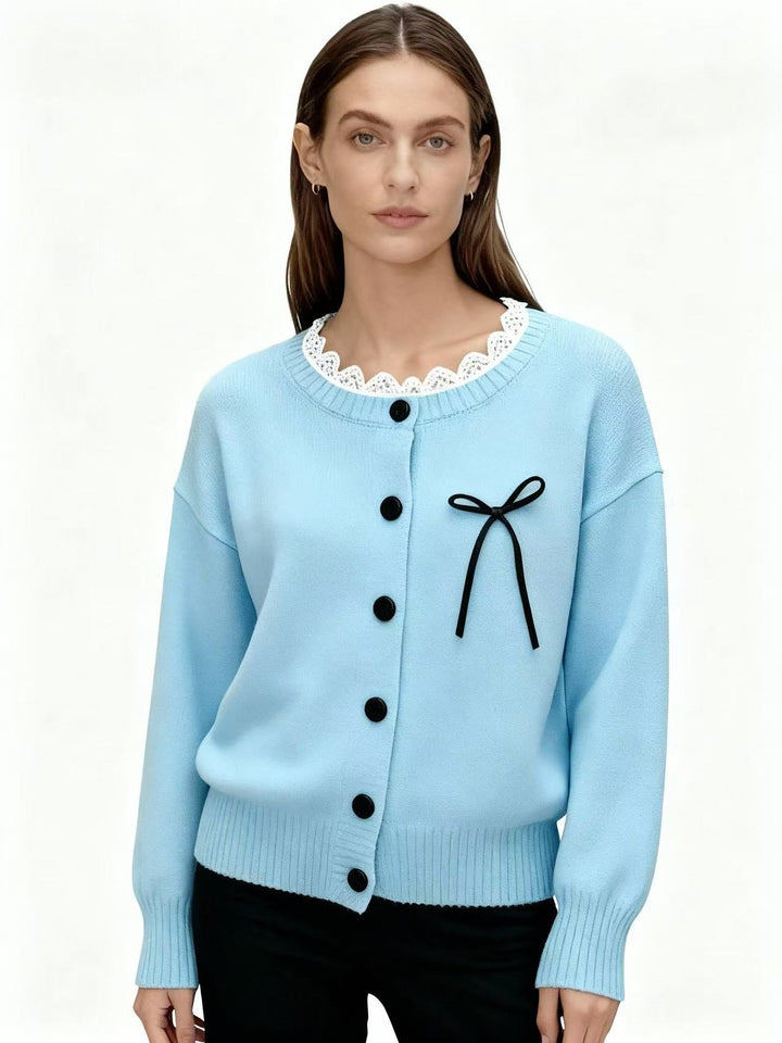 Light Blue Full Sleeve Front Buttoned Lace Trim Cardigan