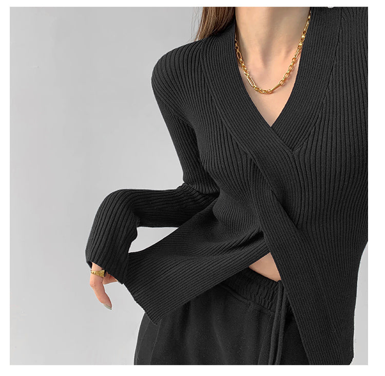 Black Full Sleeve V Neck Wrap Pullover Top