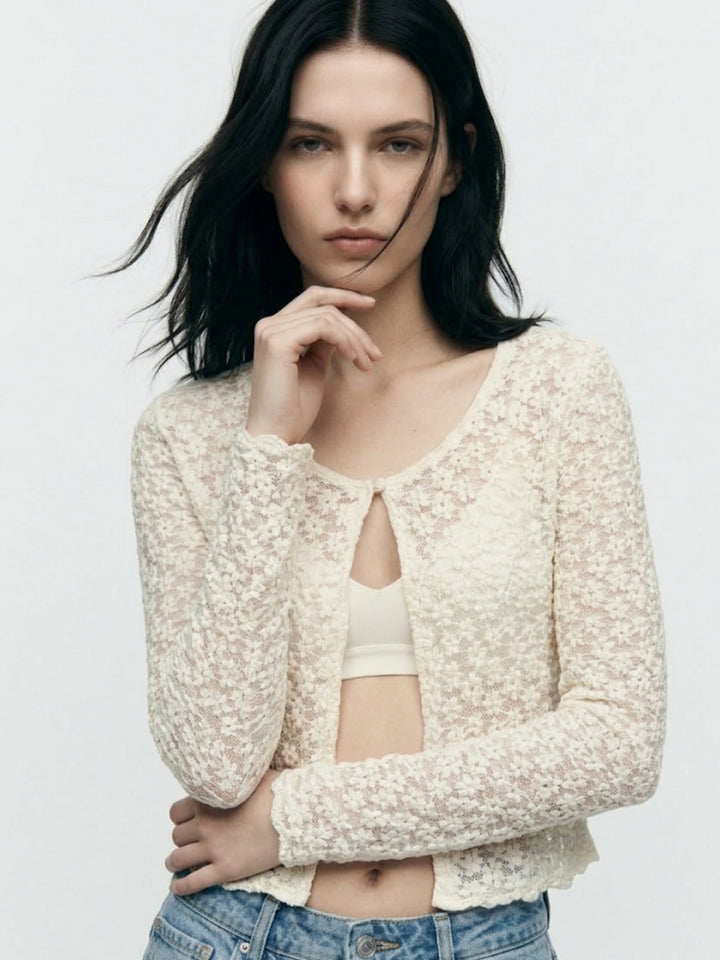 Cream Front Open Cardigan Styled Top