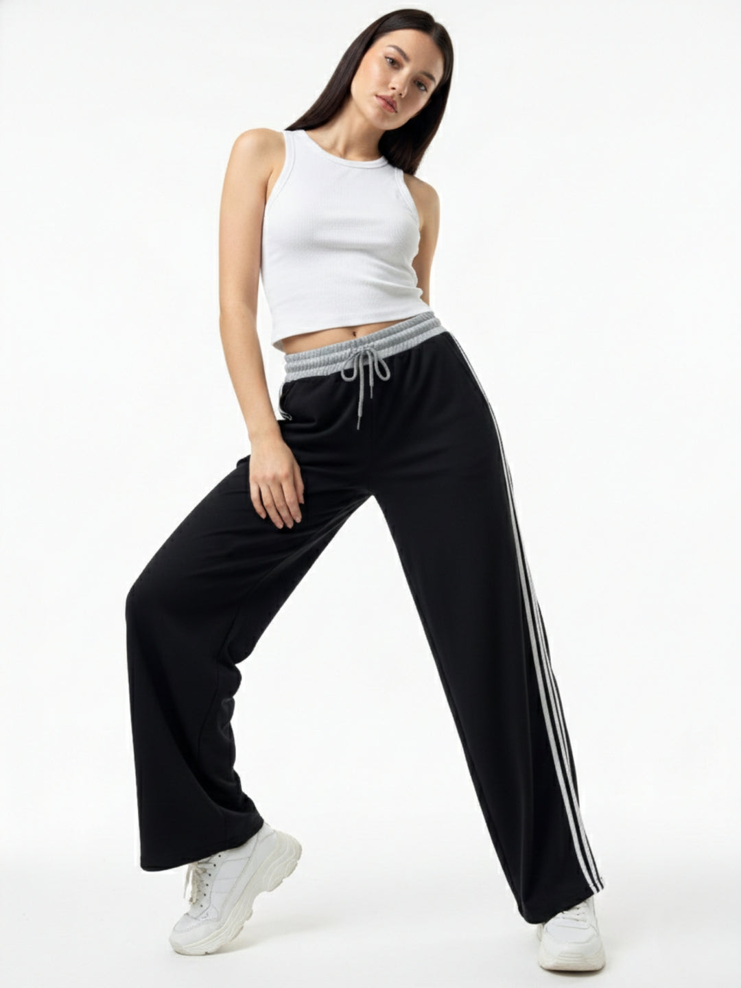 Black Contrast Waist Band Side Stripe Pant
