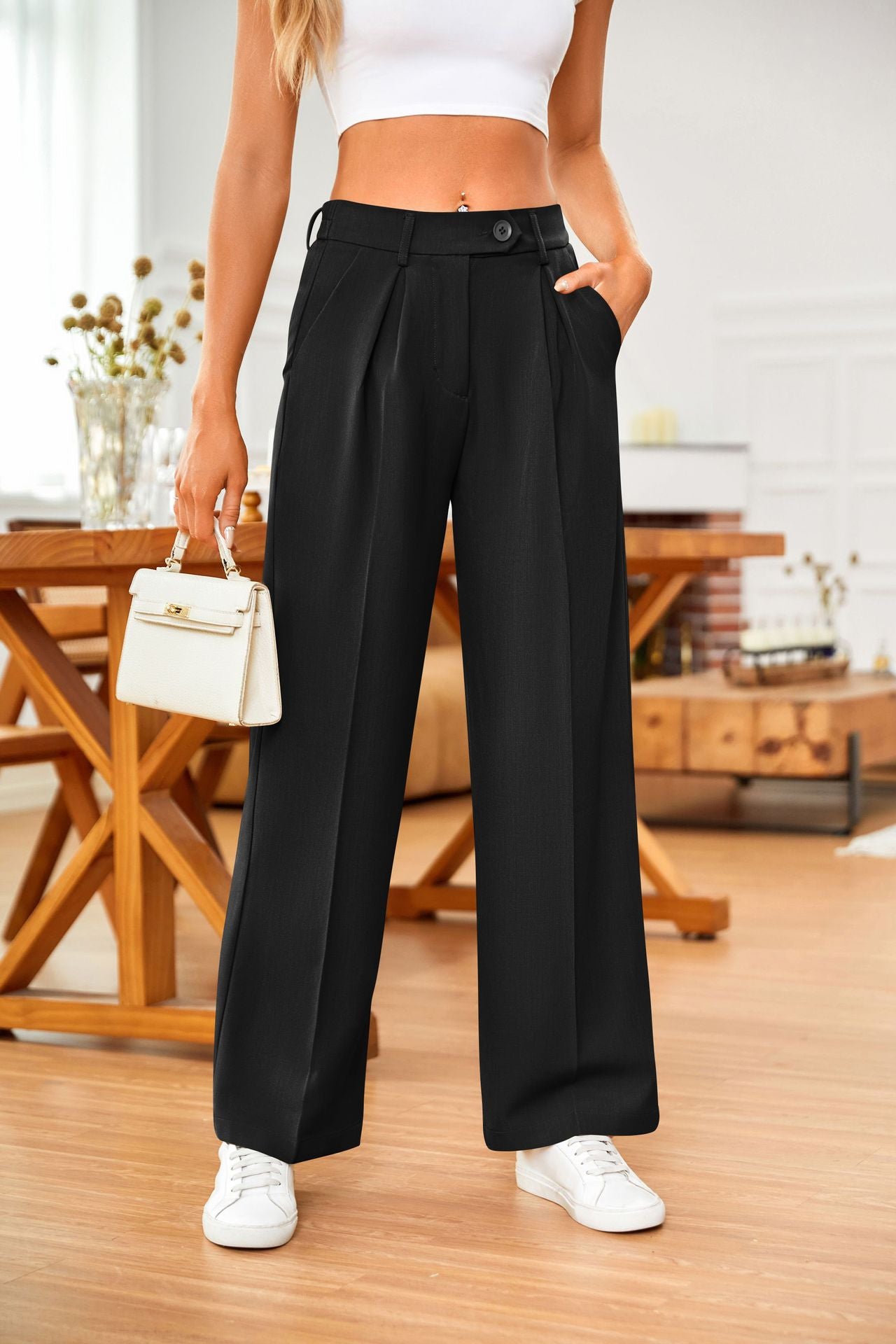 Black Wide Leg Pleated Pants