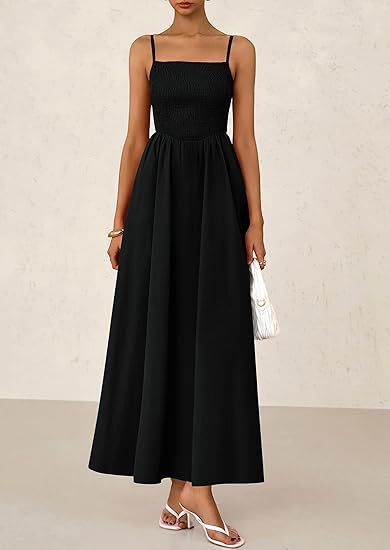 Black Strappy Square Neck Cinched Waist Dress With Pockets