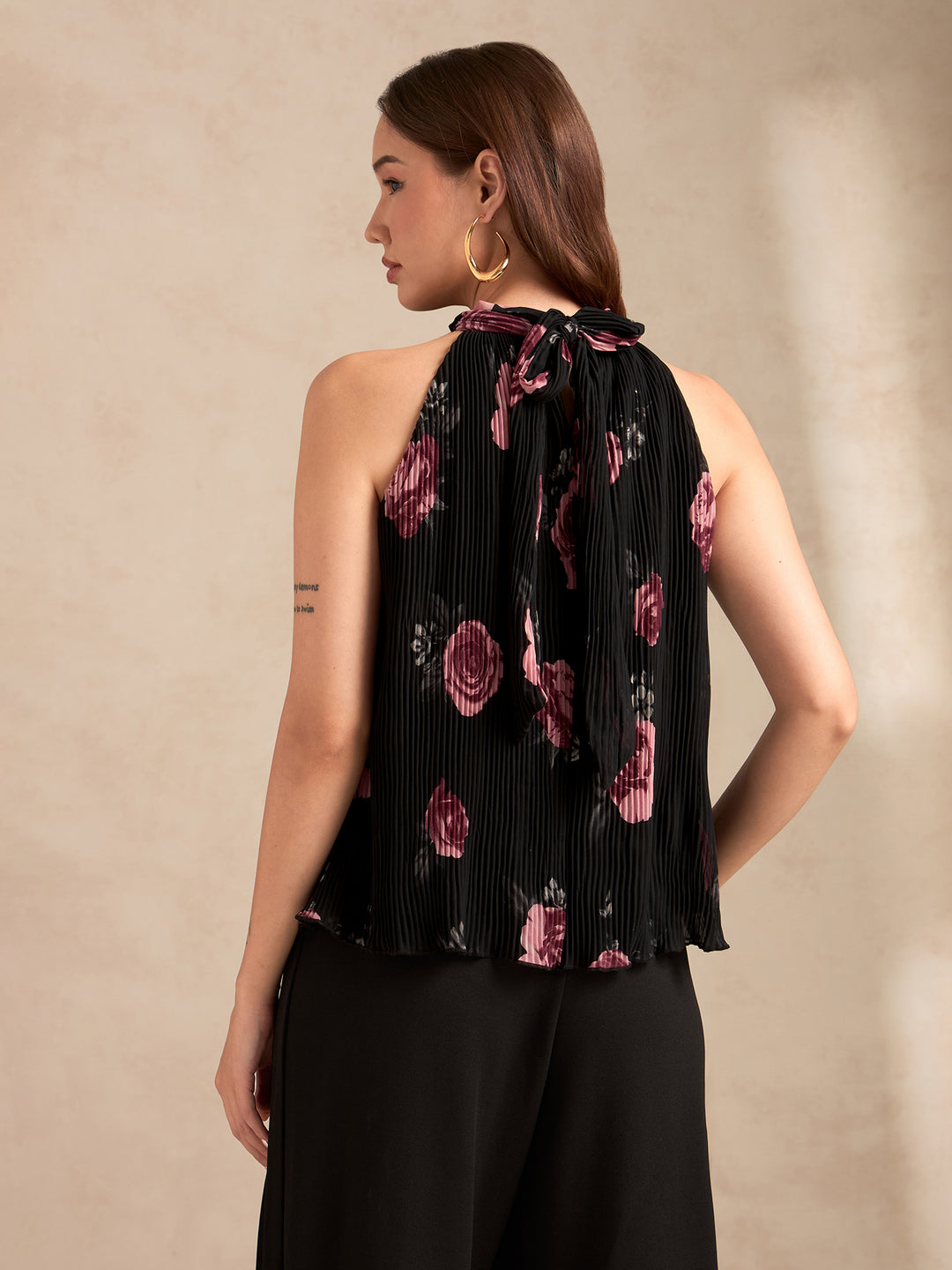 Black Halter Neck Plisse Flared Printed Top
