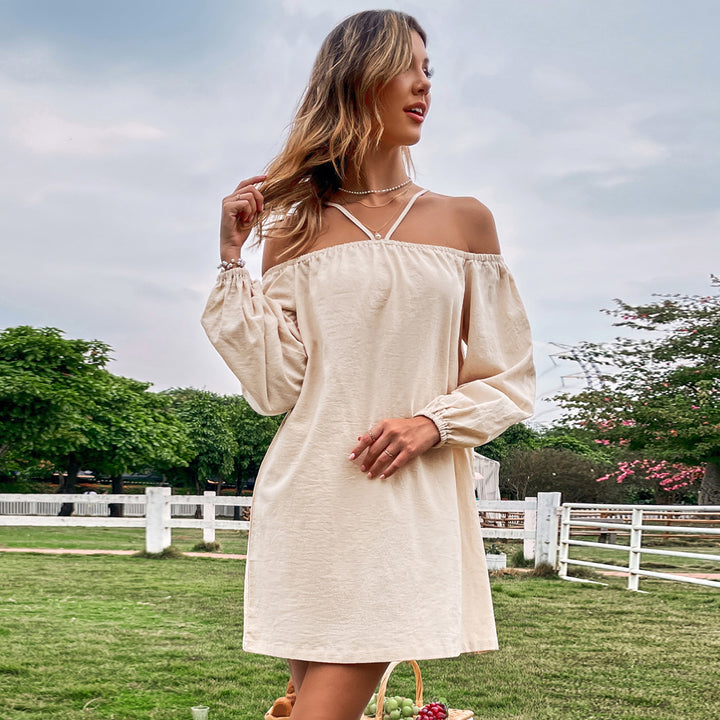 Khaki  Cold Shoulder Bishop Sleeve Dress