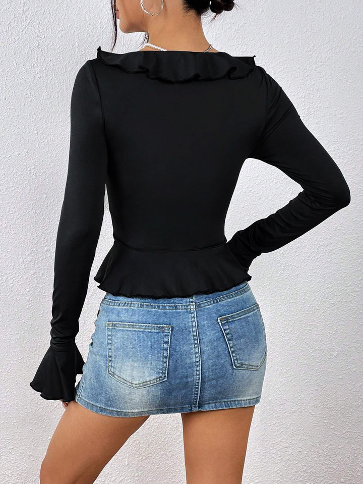 Black Plunge V Neck With Frills Top