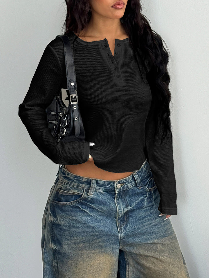 Black Textured Button Down Top