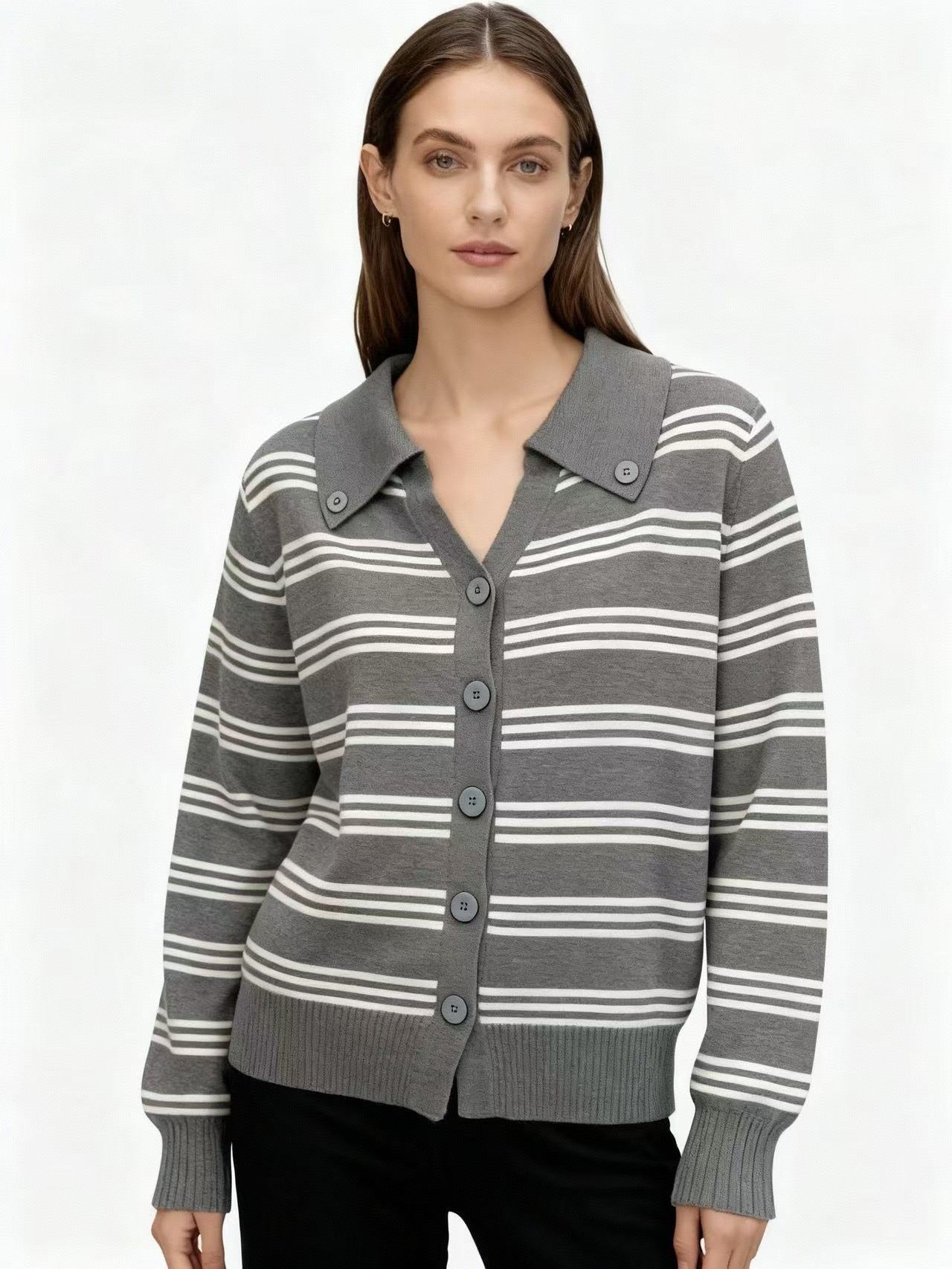 Grey Full Sleeve Striped Collared Cardigan