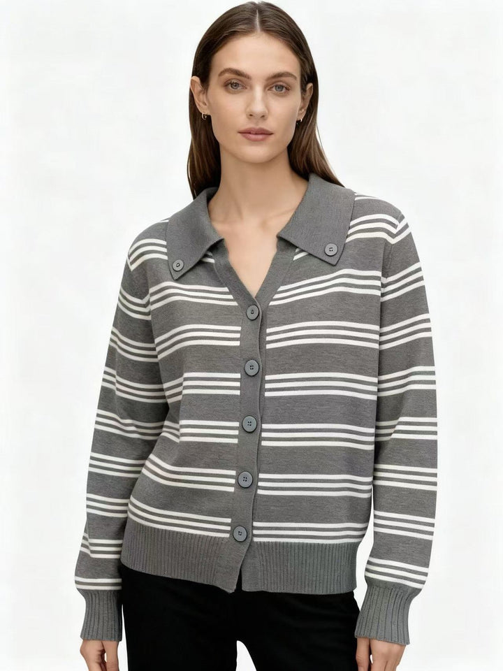 Grey Full Sleeve Striped Collared Cardigan