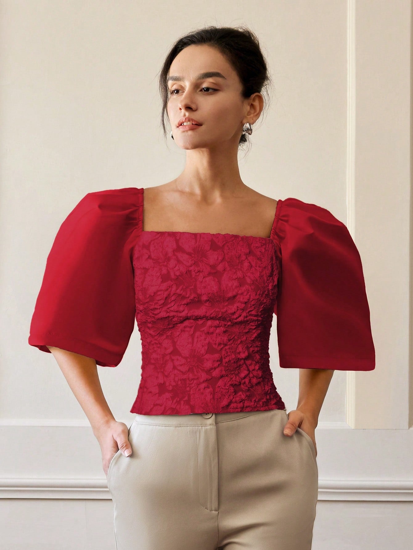Red Floral Textured Fitted Top