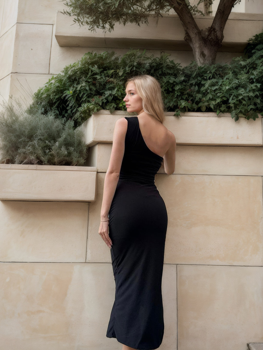 Black One Shoulder Slit Dress