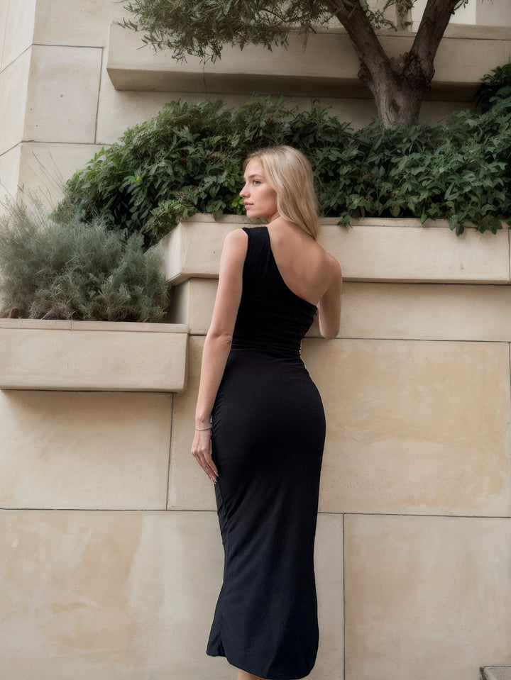 Black One Shoulder Slit Dress