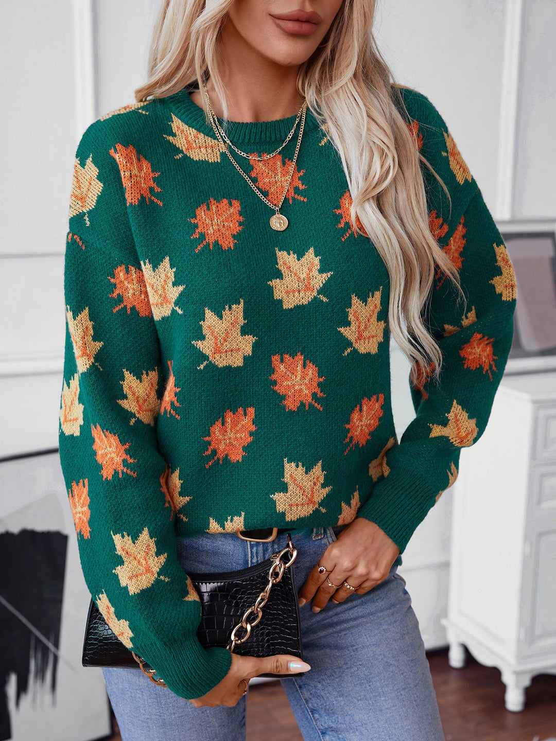 Green Full Sleeves Printed Sweater
