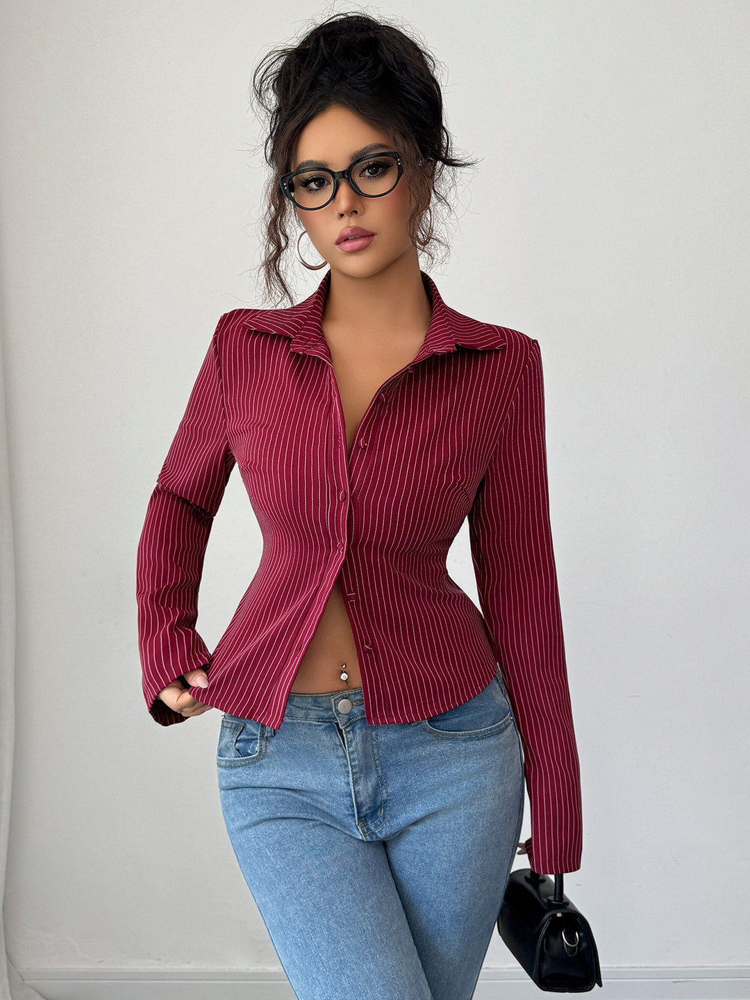 Wine Full Sleeve Collared Neck Front Buttoned Top
