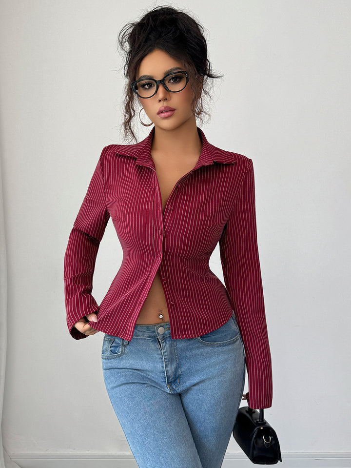 Wine Full Sleeve Collared Neck Front Buttoned Top