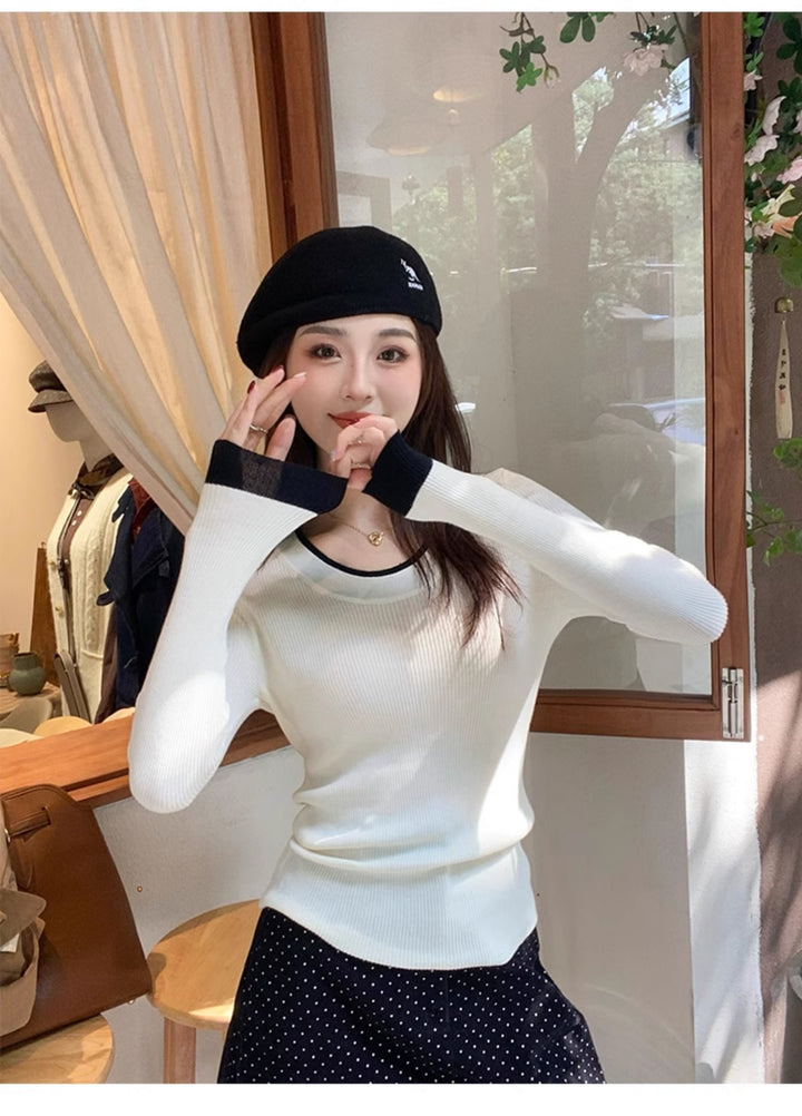 White Full Sleeve Contrast Hem Top