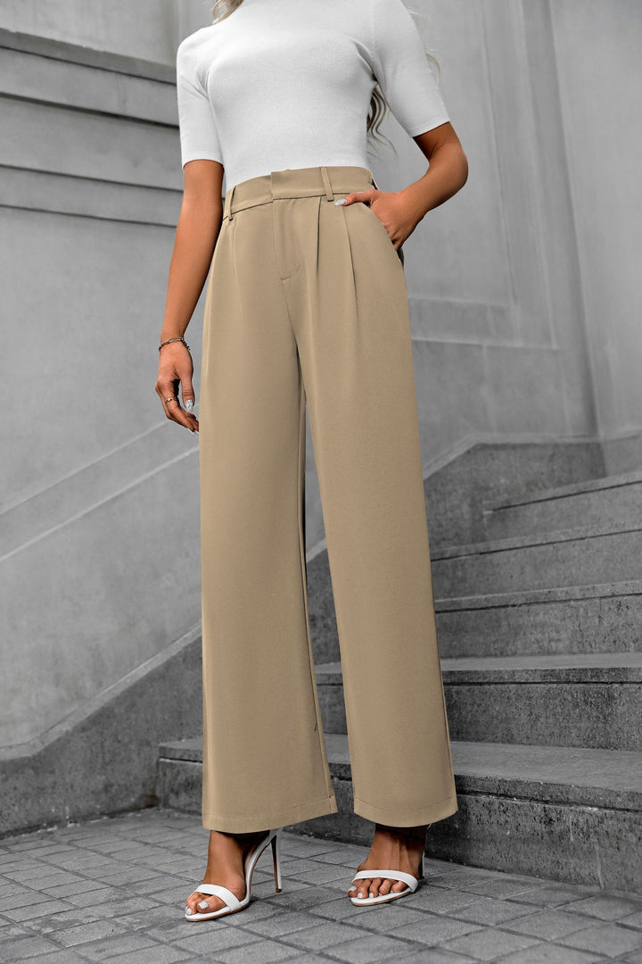 Khaki Waist Band Pleated Straight Fit Pants