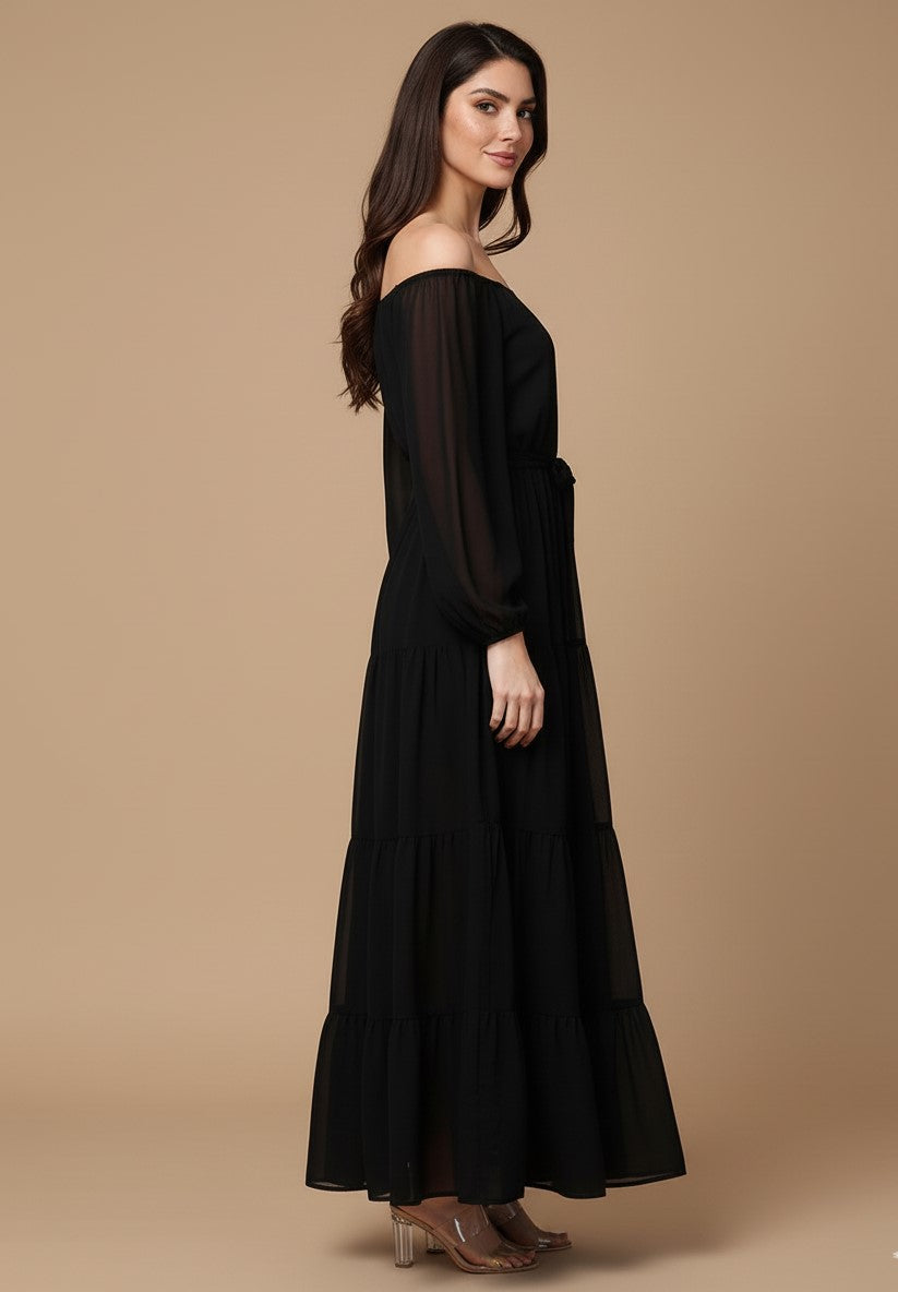 Black Bishop Sleeve Off Shoulder Dress
